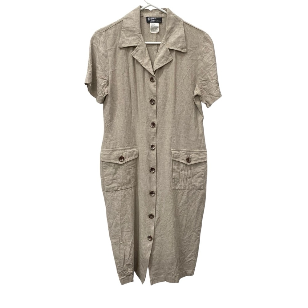 Vintage Dawn Joy Dress Flax Linen Look size 9 / 10 Leopard Buttons